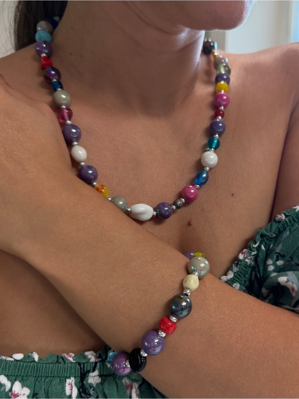 Colorful Mixed Bead Jewelry Set  Anthropologie Style Necklace Bracelet Earrings